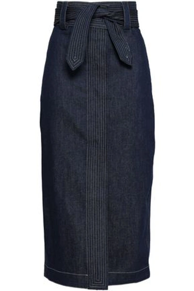 Shop Paper London Woman Emily Belted Denim Midi Skirt Dark Denim