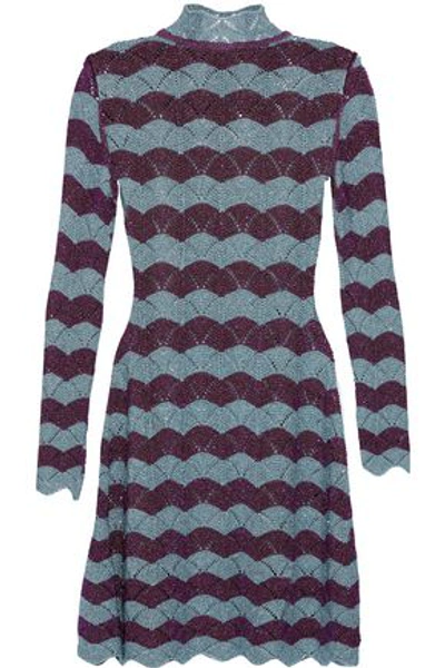 Shop Alexa Chung Alexachung Woman Scalloped Striped Metallic Pointelle-knit Mini Dress Purple