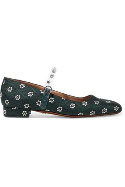 Shop Alexa Chung Alexachung Woman Crystal-embellished Pvc-trimmed Floral-jacquard Mary Jane Flats Dark Green