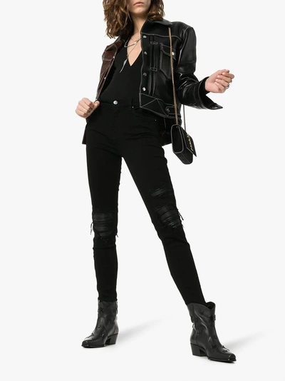 Shop Amiri High-waisted Zip And Ribbed Leather Insert Skinny Jeans In Black