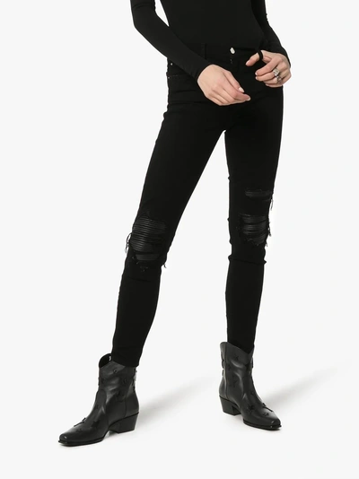 Shop Amiri High-waisted Zip And Ribbed Leather Insert Skinny Jeans In Black