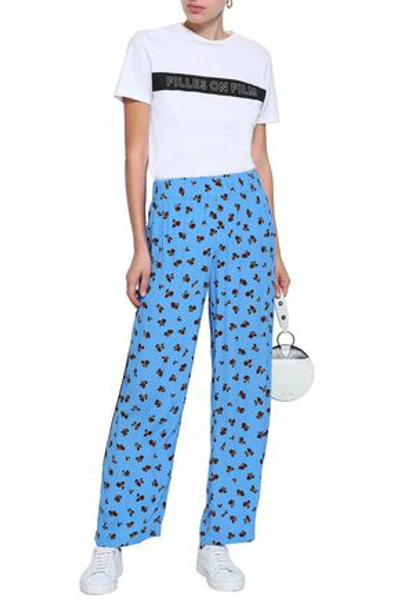 Shop Ganni Woman Roseburg Floral-print Crepe De Chine Straight-leg Pants Azure