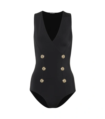 Shop Balmain Buttoned Swimsuit In Black