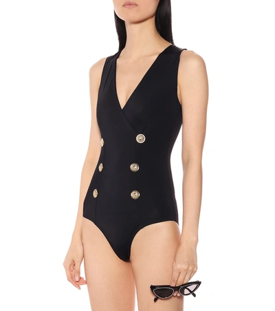 Shop Balmain Buttoned Swimsuit In Black