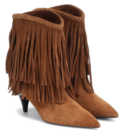Shop Saint Laurent Charlotte Fringed Suede Ankle Boots In Brown