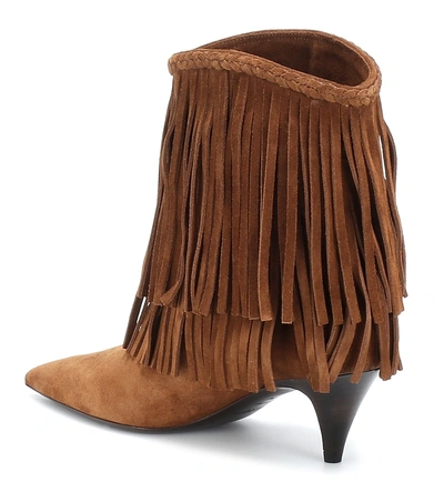 Shop Saint Laurent Charlotte Fringed Suede Ankle Boots In Brown