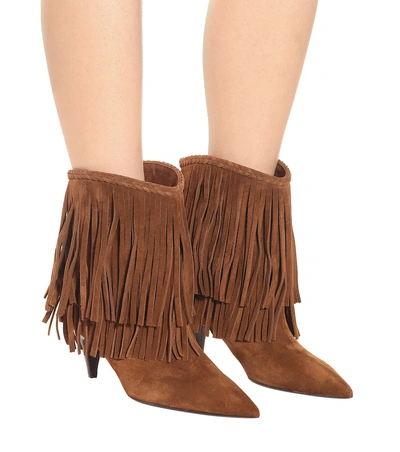 Shop Saint Laurent Charlotte Fringed Suede Ankle Boots In Brown