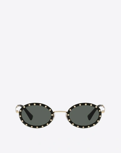 Shop Valentino Occhiali Crystal Studded Oval Metal Sunglasses In Black