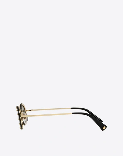 Shop Valentino Occhiali Crystal Studded Oval Metal Sunglasses In Black