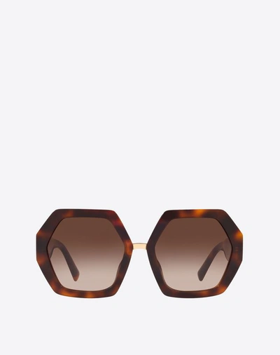 Shop Valentino Occhiali Hexagonal Oversized Vlogo Acetate Sunglasses In Brown