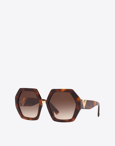 Shop Valentino Occhiali Hexagonal Oversized Vlogo Acetate Sunglasses In Brown