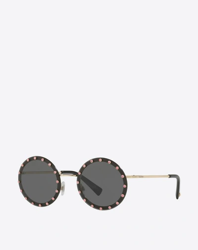 Shop Valentino Occhiali Crystal Studded Round Frame Metal Sunglasses In Black