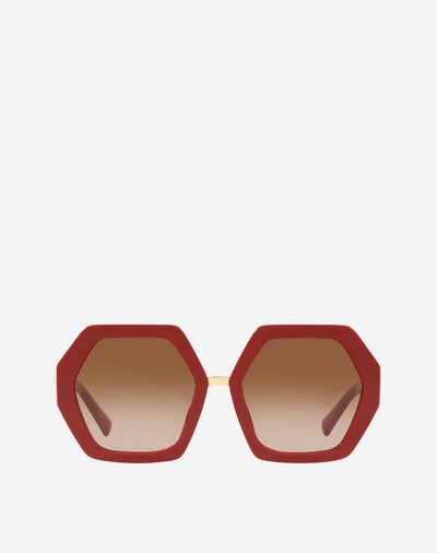Shop Valentino Occhiali Hexagonal Oversized Vlogo Acetate Sunglasses In Red