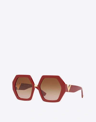 Shop Valentino Occhiali Hexagonal Oversized Vlogo Acetate Sunglasses In Red