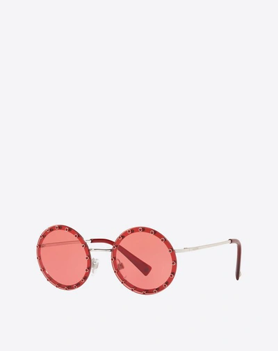 Shop Valentino Occhiali Crystal Studded Round Frame Metal Sunglasses In Red