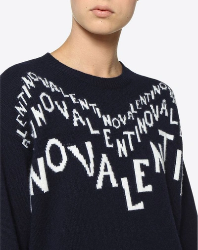 Shop Valentino Chevron Inlay Wool Sweater In Blue