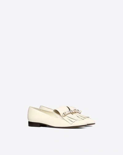 Shop Valentino Garavani Fringe Flat Loafer Women Light Ivory 100% Calfskin 38.5