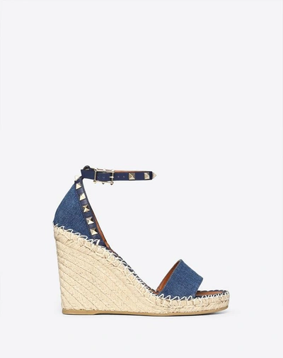 Shop Valentino Garavani Denim Rockstud Double Wedge Sandal 95mm In Blue