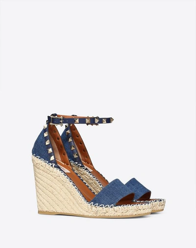 Shop Valentino Garavani Denim Rockstud Double Wedge Sandal 95mm In Blue