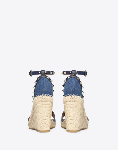 Shop Valentino Garavani Denim Rockstud Double Wedge Sandal 95mm In Blue