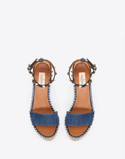 Shop Valentino Garavani Denim Rockstud Double Wedge Sandal 95mm In Blue