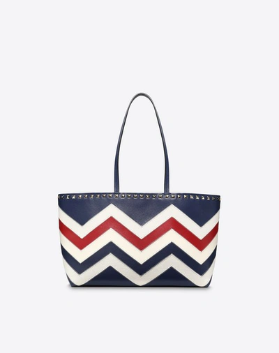 Shop Valentino Small Chevron Motif Rockstud Shopping Bag In Blue