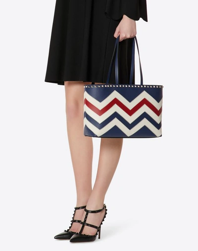 Shop Valentino Small Chevron Motif Rockstud Shopping Bag In Blue