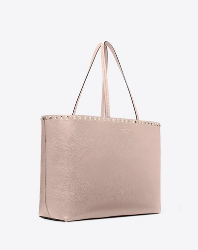 Shop Valentino Garavani Rockstud Grainy Calfskin Tote Bag In Poudre