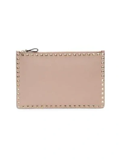 Shop Valentino Large Rockstud Leather Pouch In Poudre