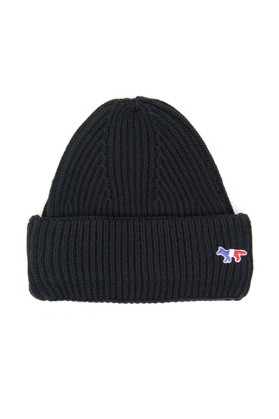 Shop Maison Kitsuné Tricolor Fox Beanie In Black (black)