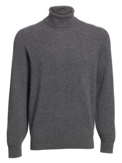 Shop Brunello Cucinelli Rib-knit Wool, Silk & Cashmere Turtleneck Sweater In Lead