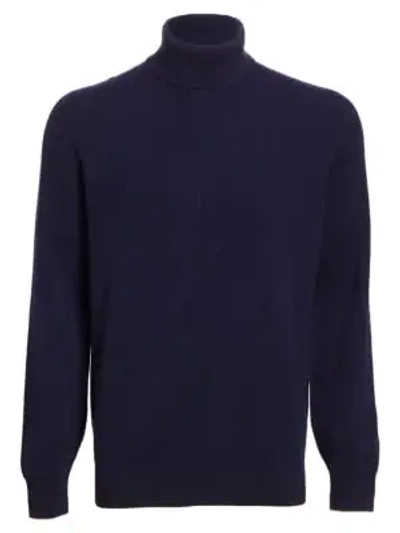 Shop Brunello Cucinelli Rib-knit Wool, Silk & Cashmere Turtleneck Jumper In Navy