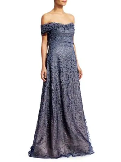 Shop Rene Ruiz Off-the-shoulder Embroidered Tiered Gown In Blue Silver