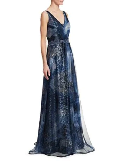 Shop Rene Ruiz Sleeveless Print Point D'sprit V-neck Gown In Blue Multi