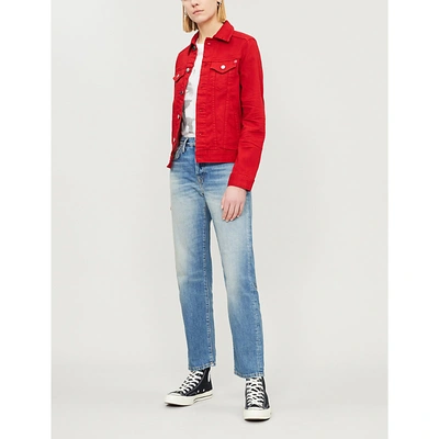 Shop Ag Mya Frayed Stretch-denim Jacket In 1 Year Clever Red