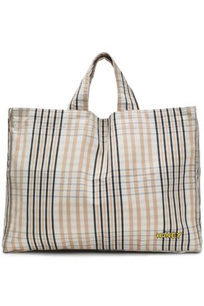 Shop Ganni Woman Phillips Embroidered Checked Cotton Tote Sand