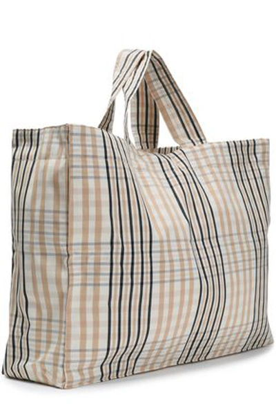 Shop Ganni Woman Phillips Embroidered Checked Cotton Tote Sand