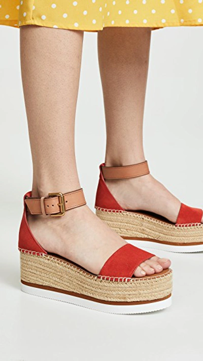 Shop See By Chloé Glyn Mid Wedge Espadrilles In Red/tan