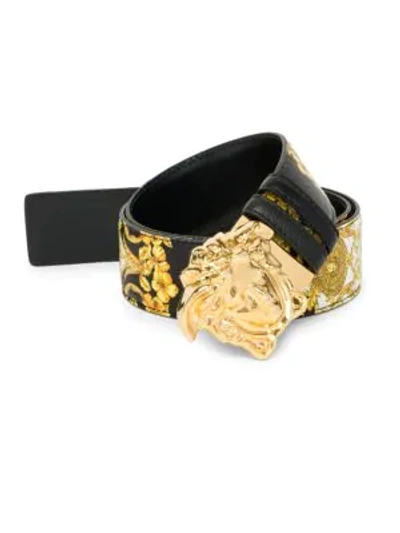 Shop Versace Gold Hibiscus Print Palazzo Leather Belt With Medusa Buckle In Multi
