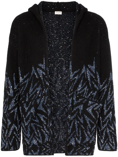 Shop Saint Laurent Baja Boomerang Jacquard Diamante Embellished Wool Mohair Blend Hoodie - Black