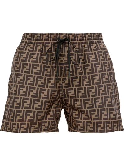 Shop Fendi Logo Print Swim Shorts - Brown