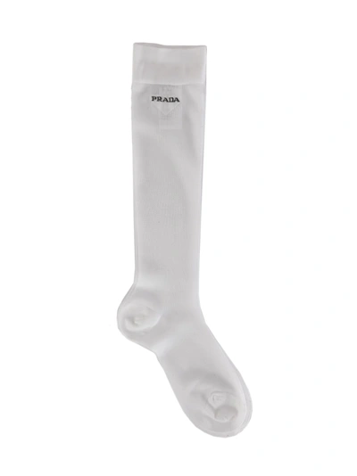 Shop Prada Logo Patch Socks In White