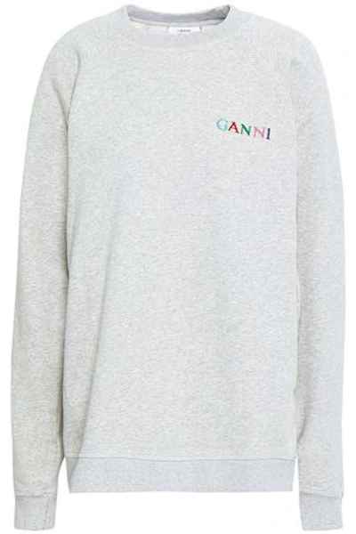 Shop Ganni Woman Embroidered Mélange French Cotton-terry Sweatshirt Light Gray