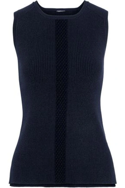 Shop Elie Tahari Woman Penny Open Knit-trimmed Ribbed-knit Top Navy