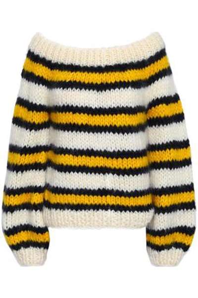 Shop Ganni Woman Julliard Striped Mohair And Wool-blend Sweater Cream