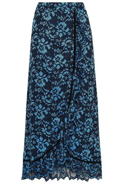 Shop Ganni Flynn Ruffled Velvet-trimmed Lace Maxi Skirt In Midnight Blue