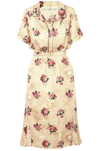 Shop Golden Goose Deluxe Brand Woman Floral-print Satin Midi Shirt Dress Beige