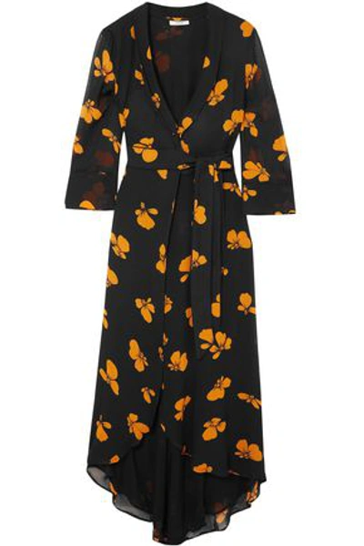 Shop Ganni Fairfax Floral-print Chiffon Wrap Dress In Black