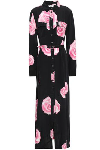 Shop Ganni Woman Fayette Floral-print Silk Maxi Shirt Dress Black