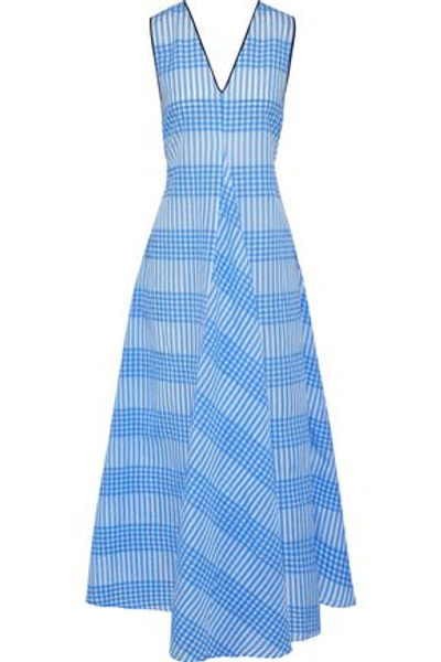 Shop Ganni Woman Charron Checked Cotton-blend Seersucker Maxi Dress Light Blue